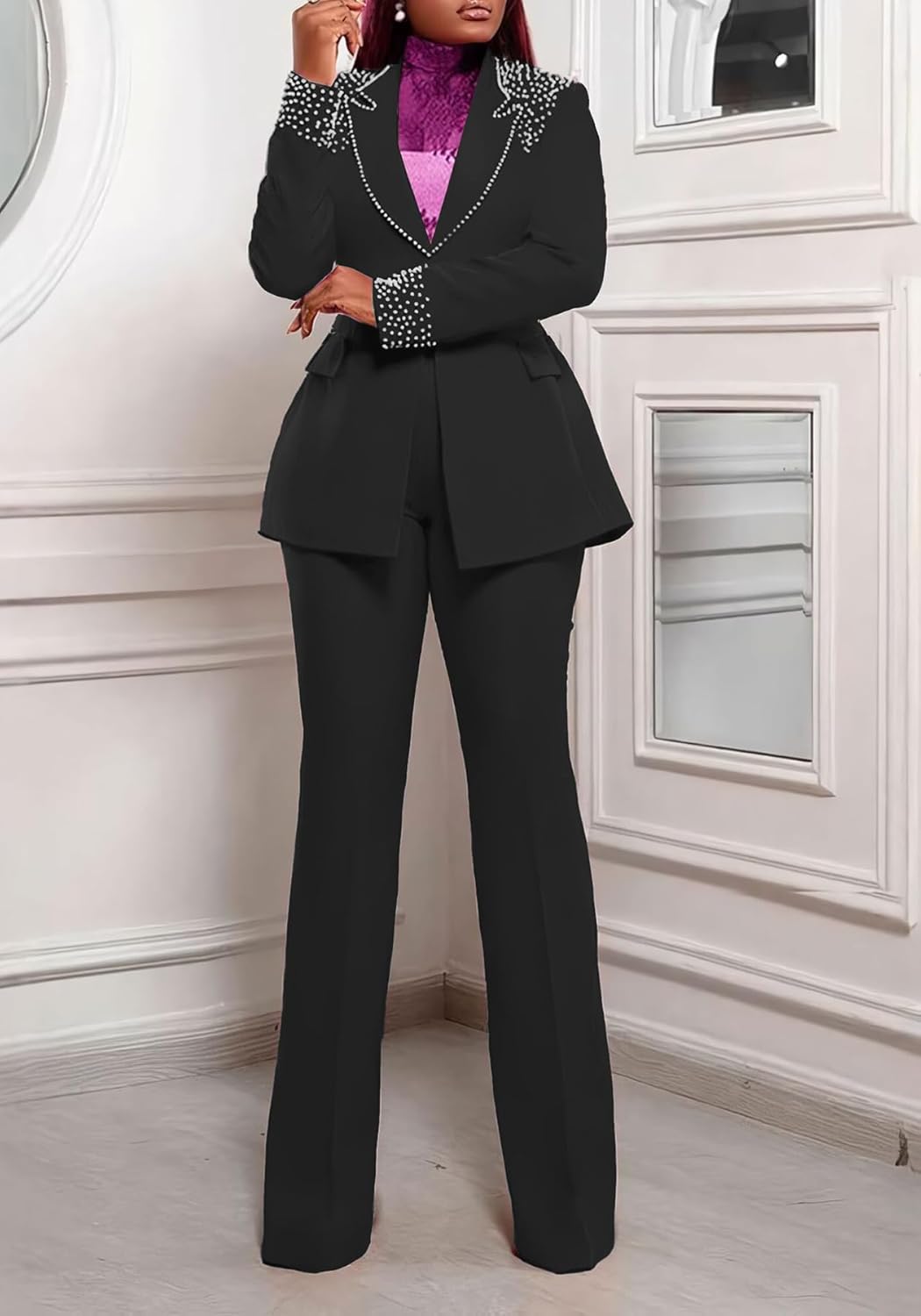 Tcremisa Womens Fashion Pants Suit 2 Piece Business Outfits Pearls Long Sleeve Blazer and Slim Fit Pants Sets - Image 2