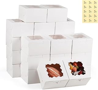 20팩 쿠키 상자, 창 포함, 10.2 x 10.2 x 6.4cm(4 x 4 x 2.5인치) 화이트 베이커리 박스, 페이스트리, 쿠키, 파이, 도넛, 마카롱, 딸기 상자용 크래프트