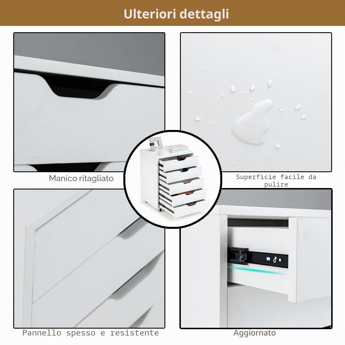 KOMFOTTEU Cassettiera a 5 cassetti con maniglie nascoste, cassettiera mobile con 2 ruote bloccate, cassettiera in legno, per ufficio, soggiorno, 49 x 40 x 65 cm, bianco