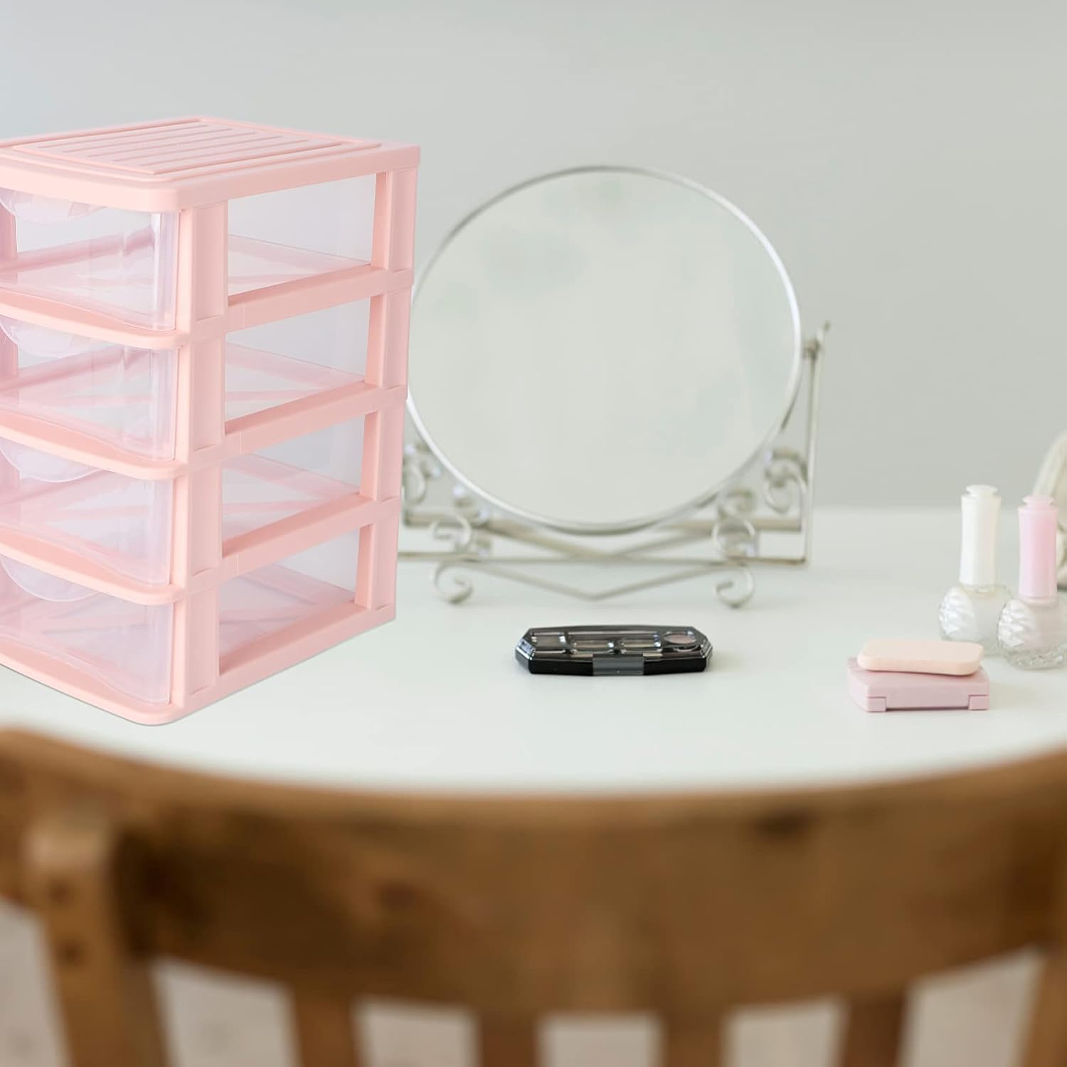 DOITOOL Four- Layer Storage Drawers- Transparent Plastic Drawers Organizer- Multifunction Plastic Drawers Kitchen Pantry Storage Cabinet for Kitchen, Bathroom, Vanity, Desk (Pink)