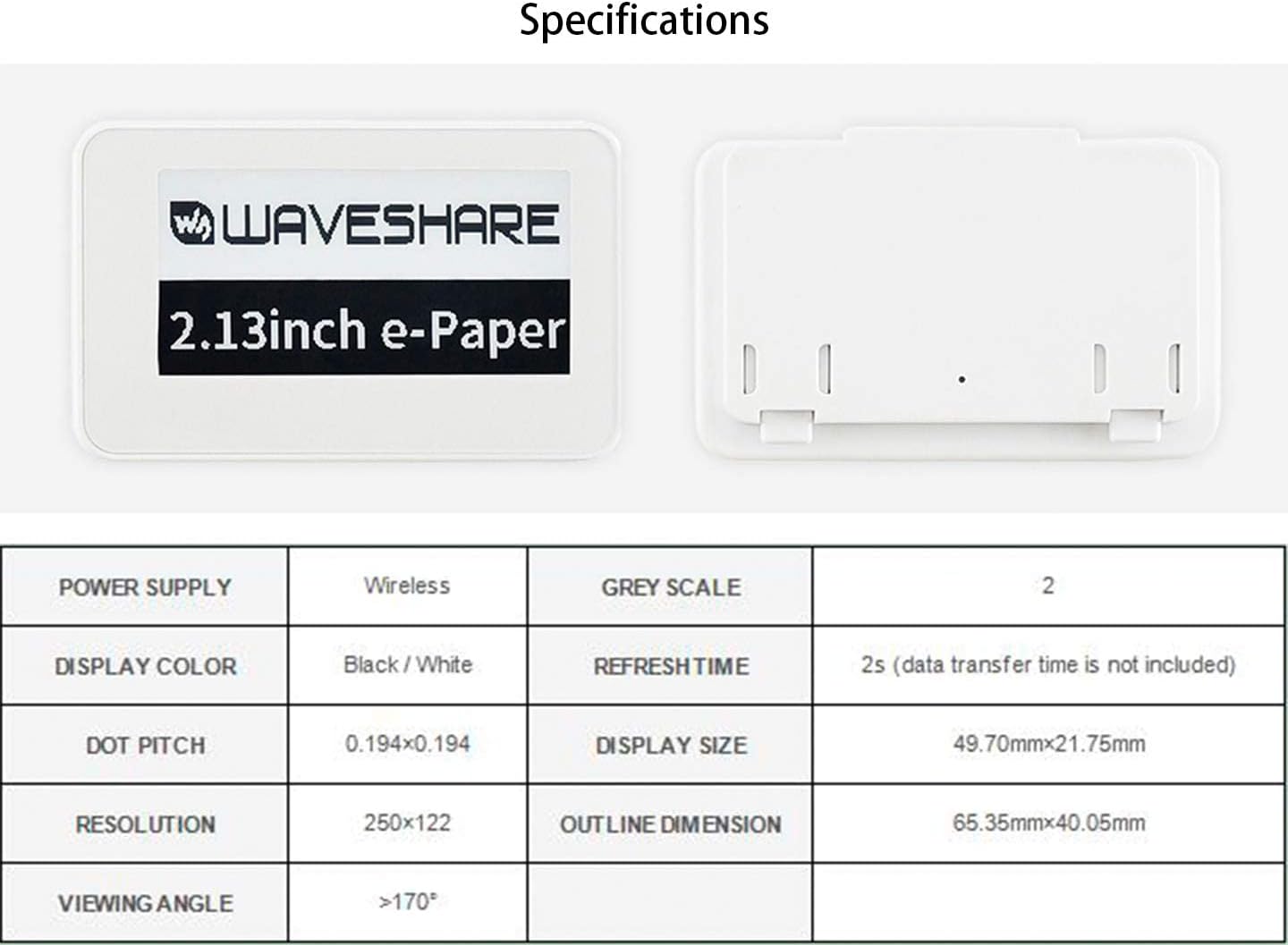 Image showing the Waveshare e-Paper module with its specifications table