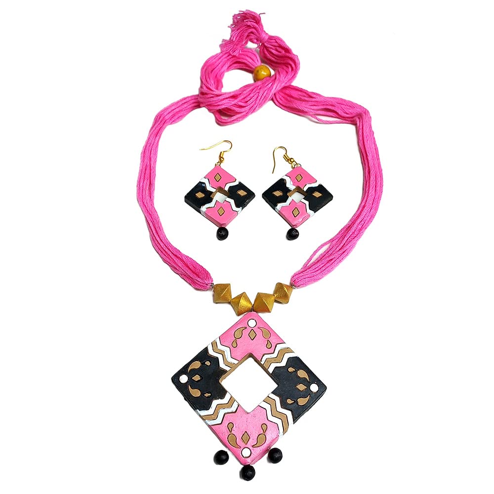 AKIBUKI Multicolored Handicraft Traditional Long Pendant Terracotta Jewellery Necklace Set For Women (PINK) (B0BNQBT9W4) Amazon Price History, Amazon Price Tracker