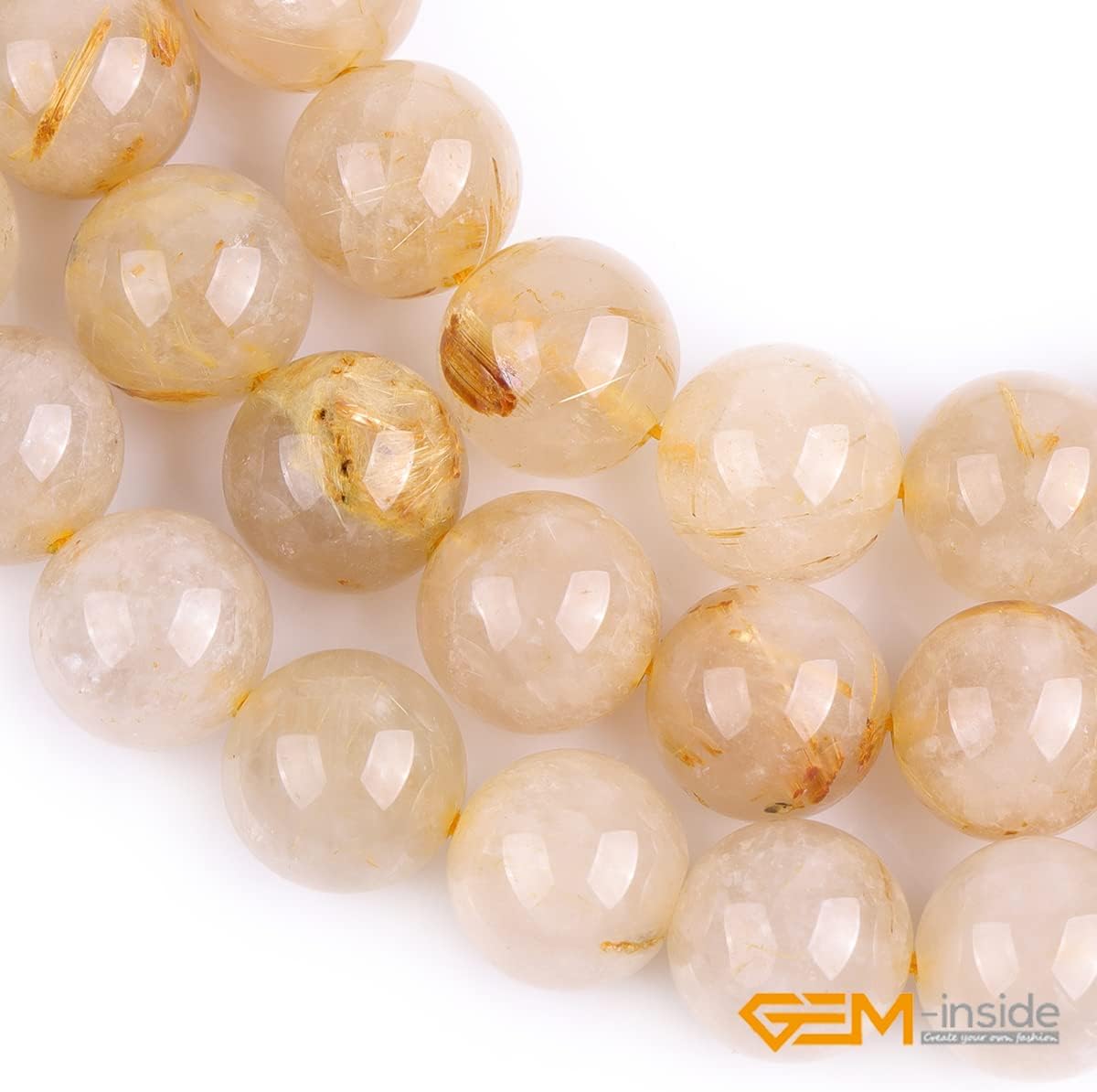 Gem-Inside 12mm Round Smooth Yellow Rutilated Quartz Beads Strands 15 Inchesjewelry Making Beads