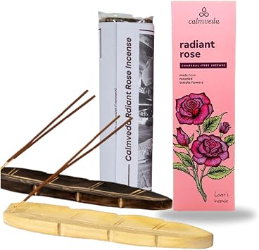 CALMVEDA, Radiant Rose Incense with Wooden Incense Holder 80 Sticks + 2 Holder | Beautiful Natural Incense and Holder Combo for Home Decor and Spiritual Practice