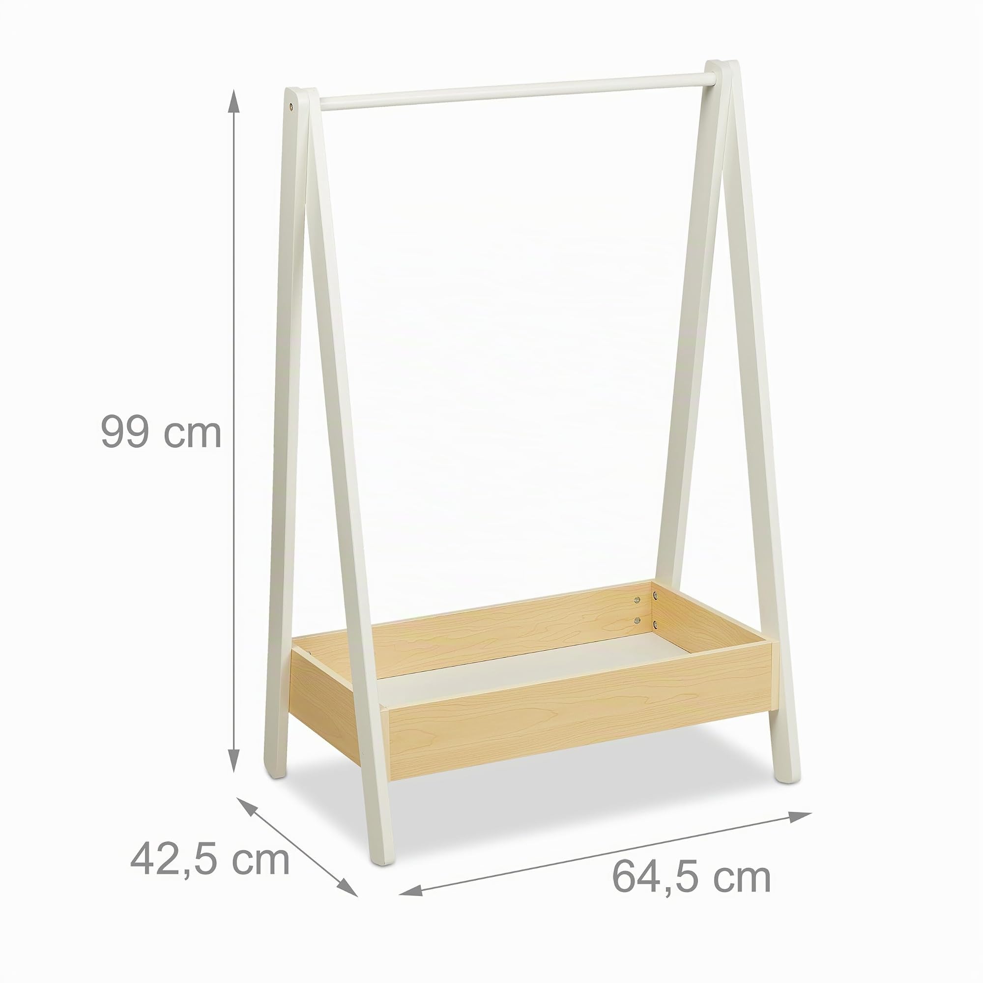 Relaxdays Burro de Ropa Infantil, Perchero de Pie, 99 x 64,5 x 42,5 cm, Barra para Perchas y Balda, Blanco y Natural