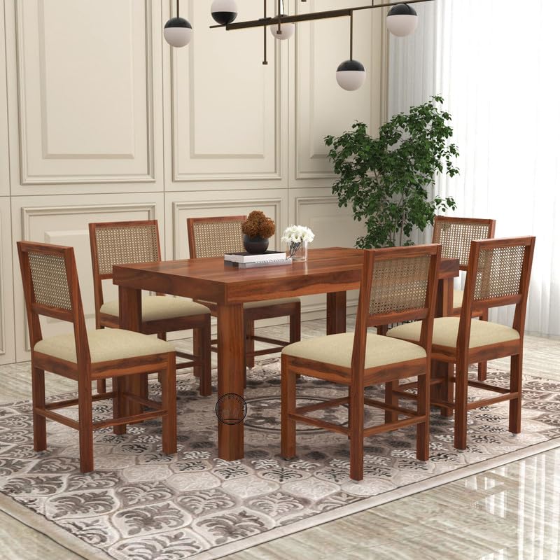 Image of VK Furniture Premium 6 Seater Dining Table Set for Home | Wooden Dining Set with Chairs | Modern Dining Furniture for Living Room & Kitchen | Stylish & Durable Dining Table (6 Seater) (Honey Finish)
