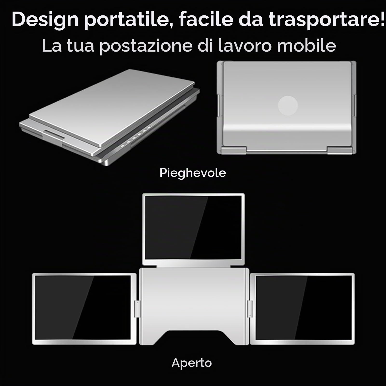 Schermo Esteso per Laptop, Triplo Laptop Monitor Estender, Schermi Portatili da 15,6 Pollici, con Supporto Regolabile, Monitor Quad Che Piega per (Spina Europea)