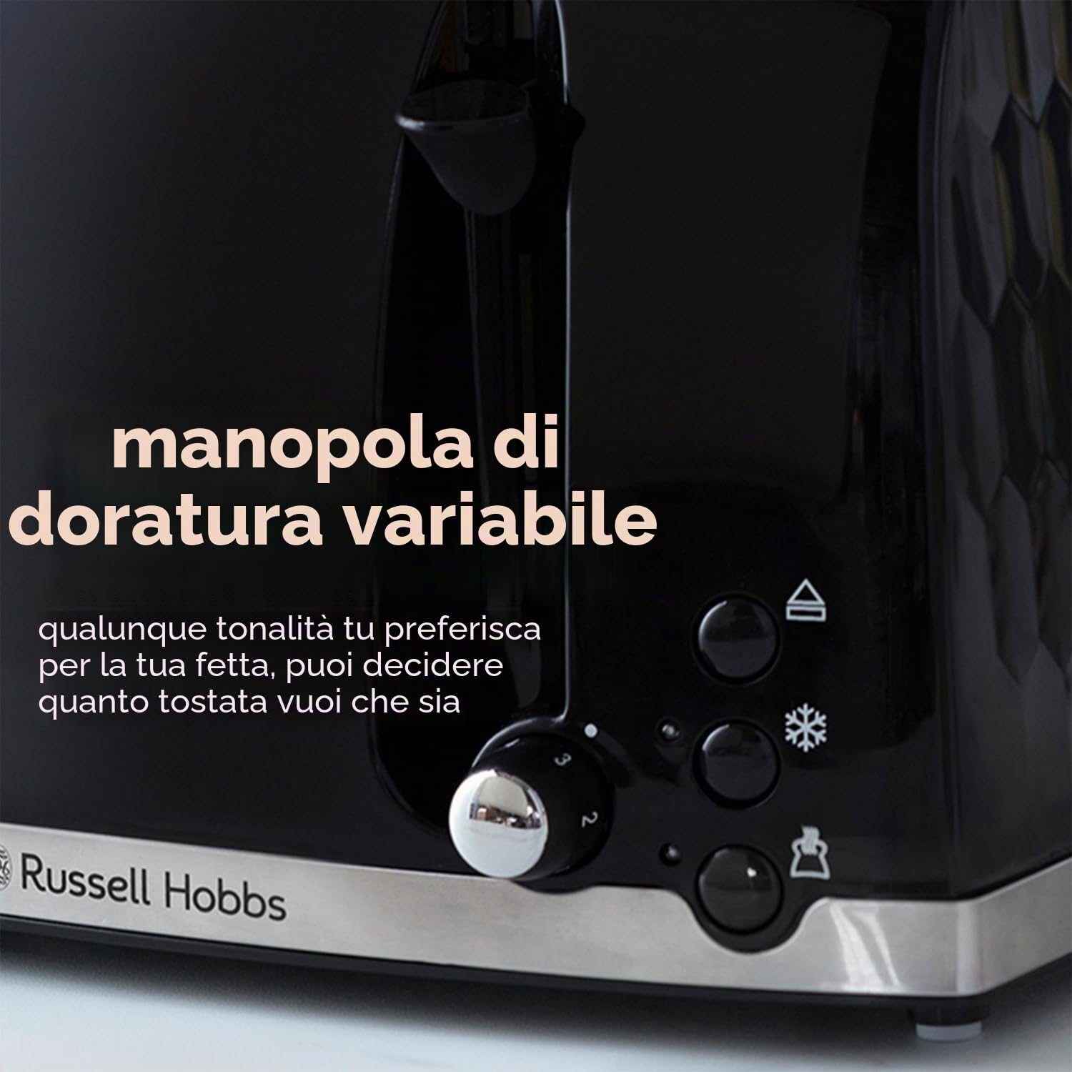 Russell Hobbs Tostapane 4 fette 26071 - Design contemporaneo a nido d'ape con fessure extra larghe e funzione di sollevamento alta, nero