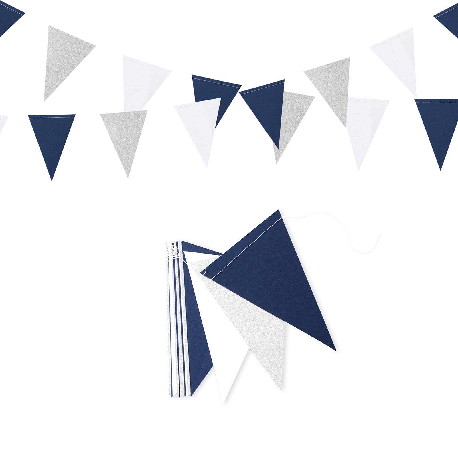 Banderas de banderines de plata azul marino, color blanco, 2 unidades, con purpurina para cumpleaños, graduación de cumpleaños 2021, día del padre, boda, fiesta de baby shower, decoración de fiesta