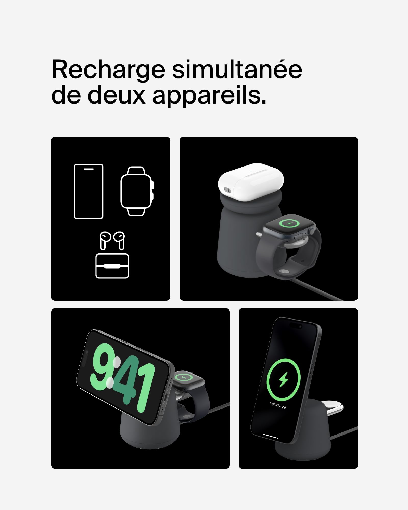 Belkin BoostCharge Pro Station de Recharge 2-en-1 avec Qi2, 15 W, Compatible MagSafe, pour iPhone 17, iPhone Air, Pixelsnap, Apple Watch, AirPods, Adaptateur Secteur Inclus - Noir