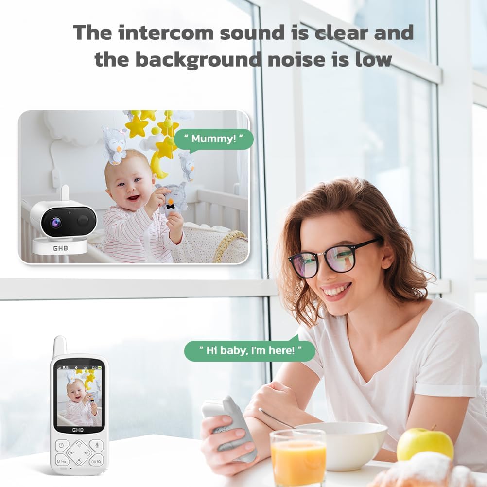 A mother speaking into the baby monitor parent unit, with a thought bubble showing 'Hi baby, I'm here!' and a view of the baby in the crib on the monitor screen.