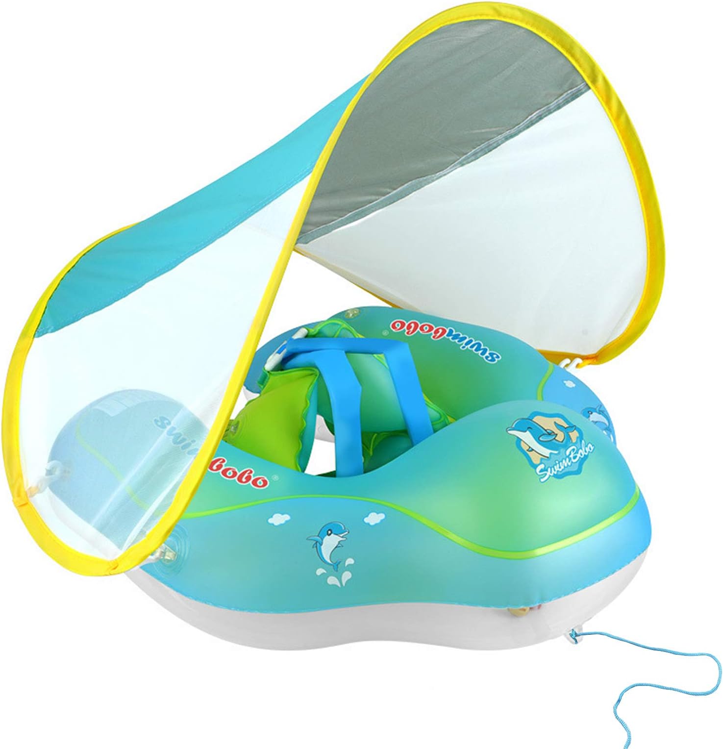Baby Swimming Pool Float with Sun Canopy, Anti-Flip, Inflatable Baby Float with Safe Bottom Support and Adjustable Canopy, Infant Pool Floats for The Age of 3-24 Months