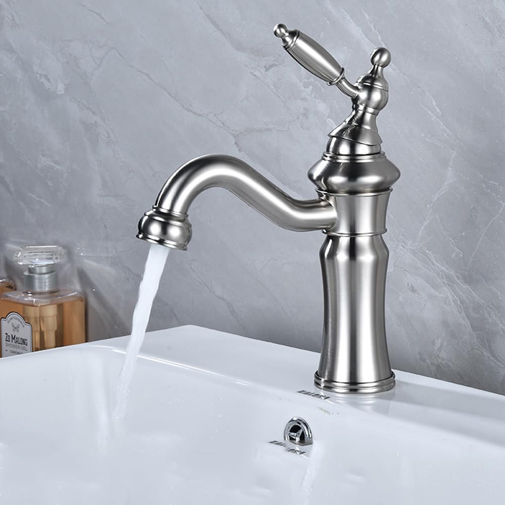 Wasserhahn Bad Waschtischarmatur Retro Antik Stil Messing Einhebel Mischbatterie Waschbecken Armatur, Badarmatur Waschtischbatterie Badezimmer, Gebürstetes