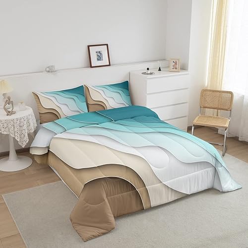 Miniatura 2 de Juego de edredón abstracto degradado con olas del océano, decoración de mar azul y playa, juego de edredón tropical contemporáneo de verano para