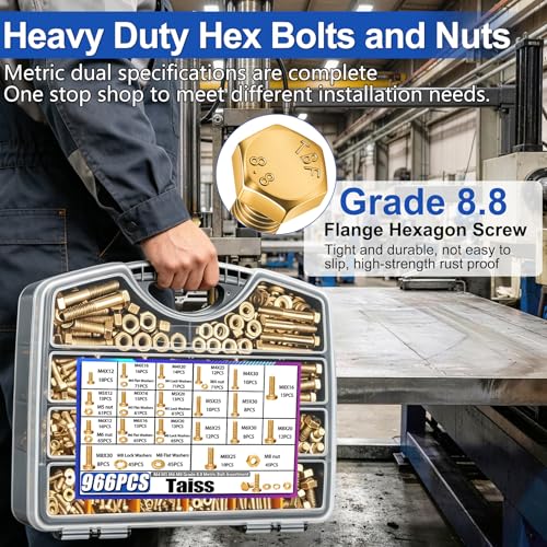 Image of Taiss 966pcs Grade 8.8 Metric Bolt Assortment,Metric Bolts and Nuts Assortment,Bolt Kit M4 M5 M6 M8(12-30mm) Heavy Duty Hex Bolts and Nuts Kit Flat /Lock Washer Yellow Zinc Plated,with Handheld Box