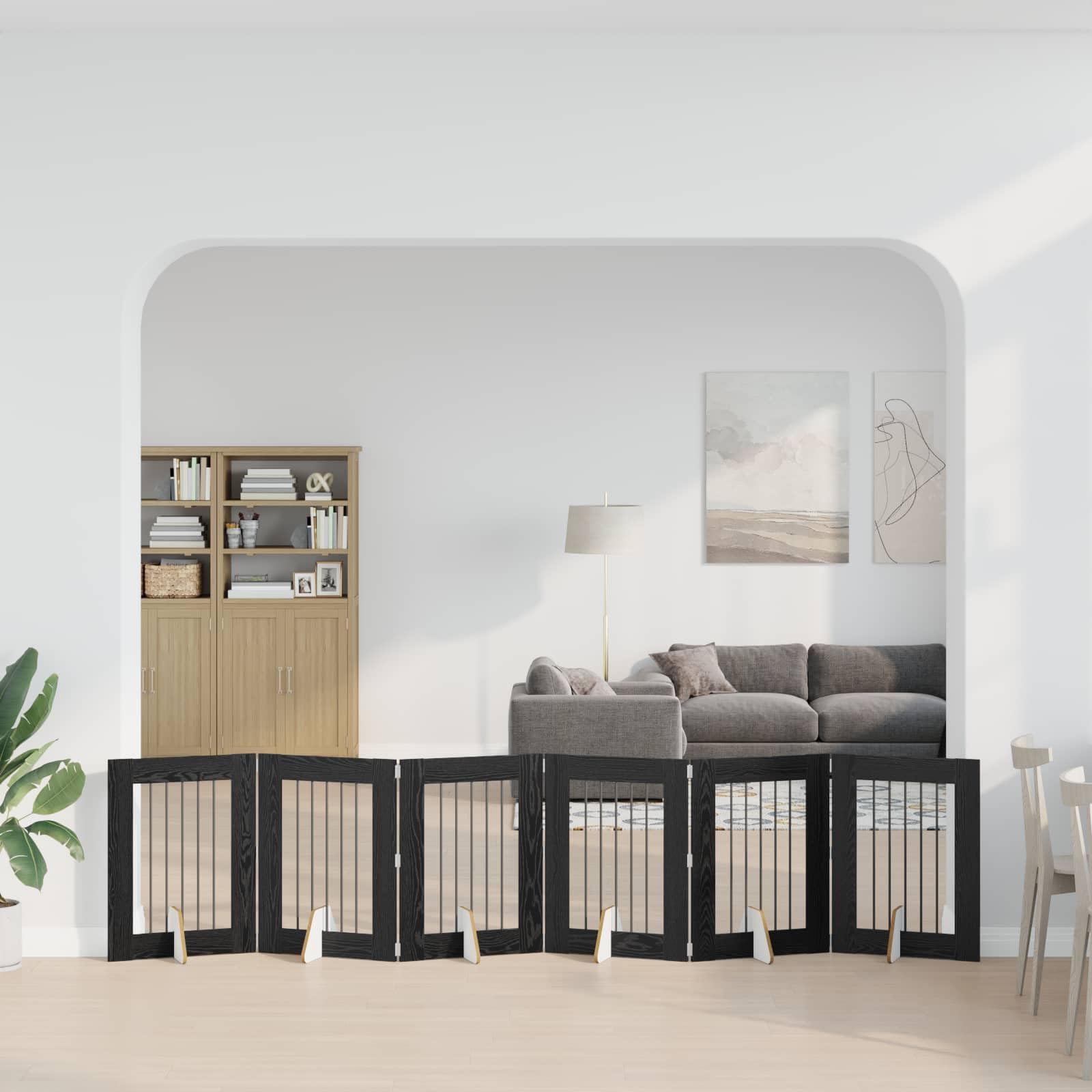Puerta para perros con soporte, 6 piezas de roble negro, 60 x 80 cm, plegable y portátil, rejilla de metal para perros para interior y exterior, parque seguro, ampliable para cachorros