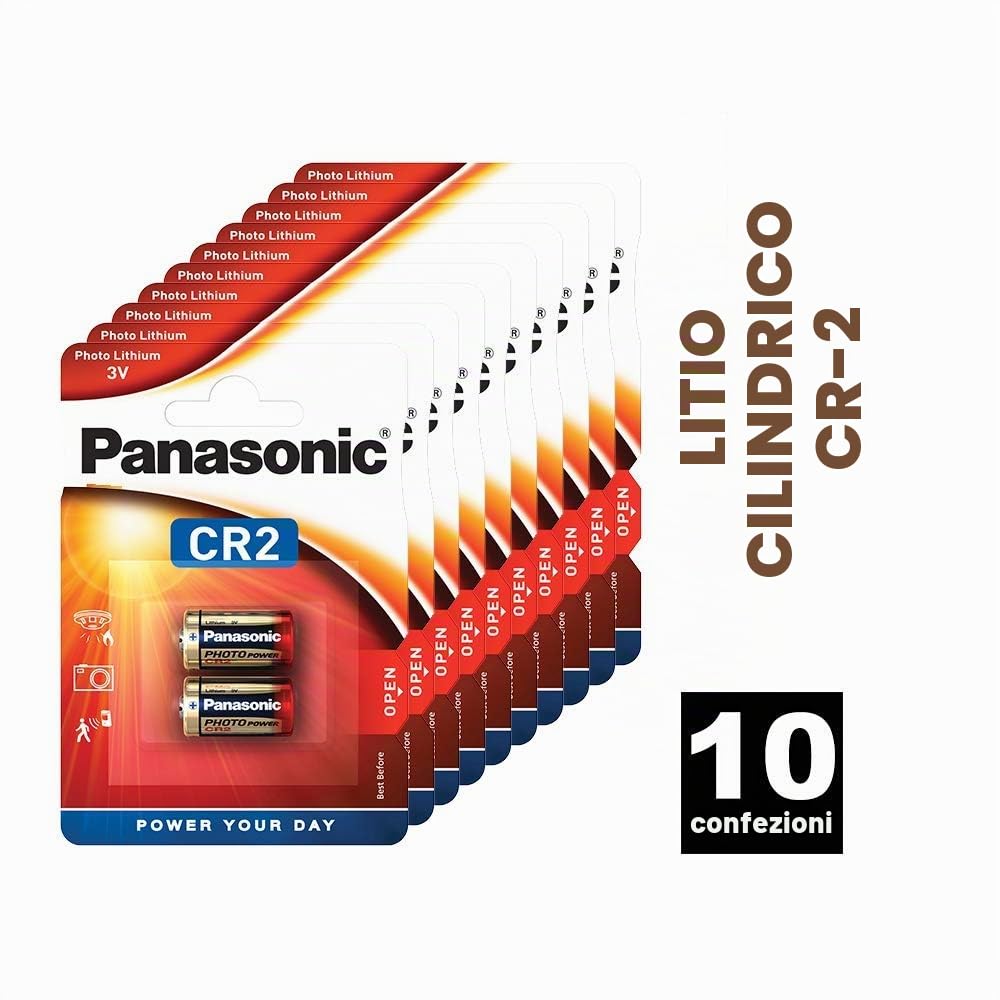 Panasonic CR2 batteria al litio cilindrica per dispositivi leggeri con elevato fabbisogno energetico come rilevatori di fumo, sistemi di allarme, proiettori, telecamere, 3V, 10 confezioni (20 pezzi)