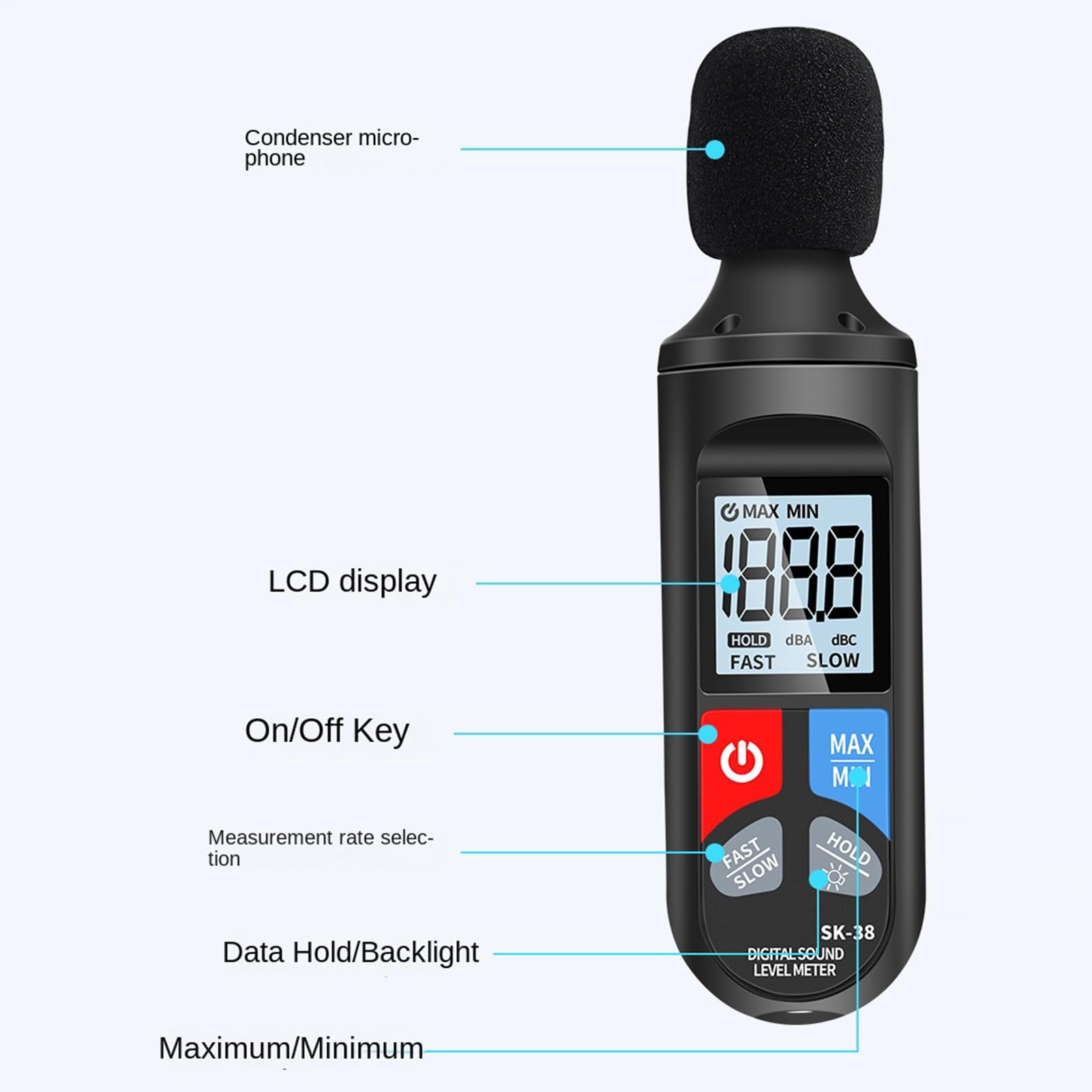 Medidor de decibelios - Sensor de ruido de medición de ruido de 30-130dB | Medidor de decibelios para vecinos de ruido,Para clase, vecinos, en el coche, oficina, hogar, instrumentos musicales