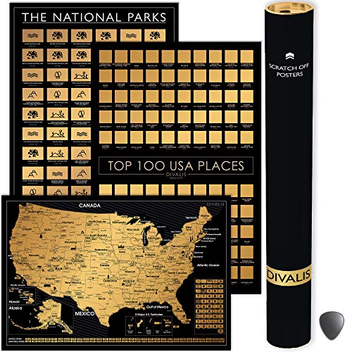 3 in 1 Gift Set - Scratch off National Parks Poster - Scratch off USA Map - Scratch off Destinations of the United States Poster - Scratchable Poster for Travelers - Travel Tracker to Mark Your Travels - Bundle of Three