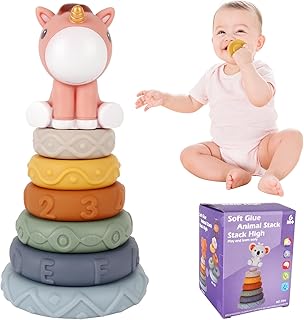 Fiotha 7 Pcs Baby Stacking & Nesting Toys, Soft Building Circle with Unicorn, Teething Stacking Rings Toy, Early Educational Toys, Teething Montessori Toys for Baby Toddler 6 12 18 Months
