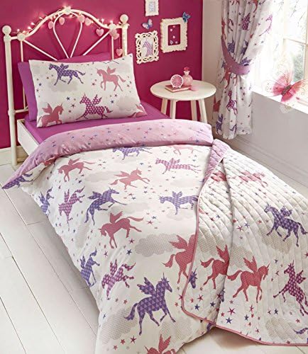 Single Unicorns Duvet set & Curtains - Girls Unicorn & Stars Bedding (Duvet Set + Curtains 66x54")