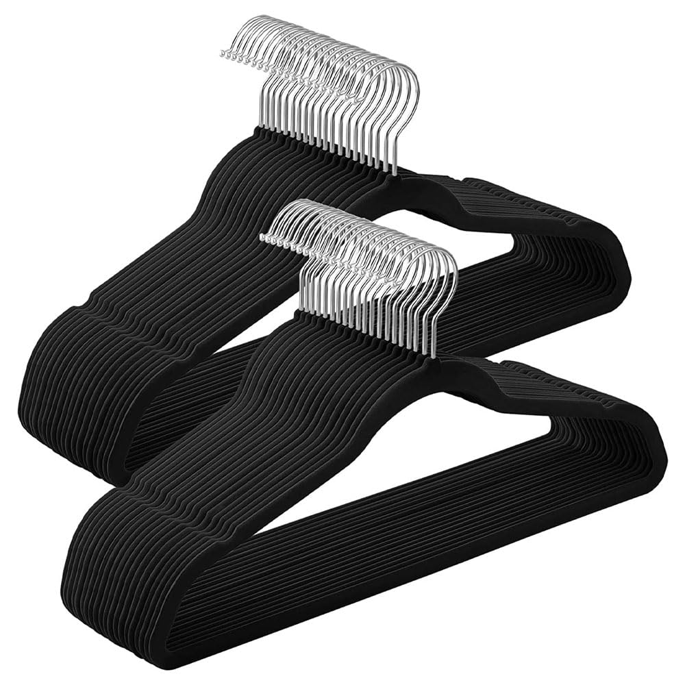 D'Home Non-Slip Velvet Hangers - Suit Hangers Ultra Thin Space Saving 360 Degree Swivel Hook Strong and Durable Clothes Hangers Hold Up-to 10 Lbs (25, BLACK)