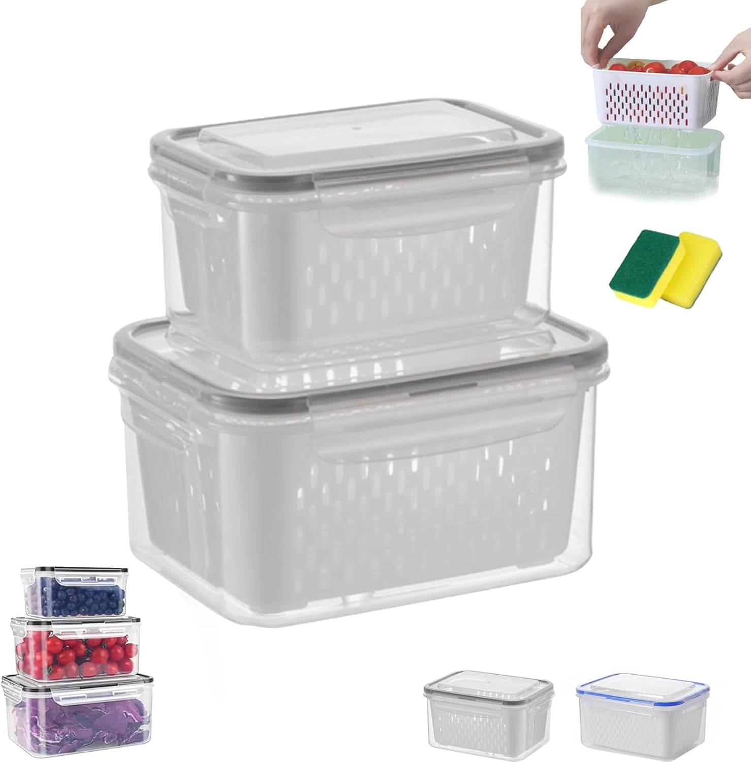 Fruit Storage Containers, 4 in 1 Food Storage Container, Household Transparent Plastic Food Storages Box-Including Drain Basket, For Vegetables & Kitchen Organization (Grey,S+M+L)