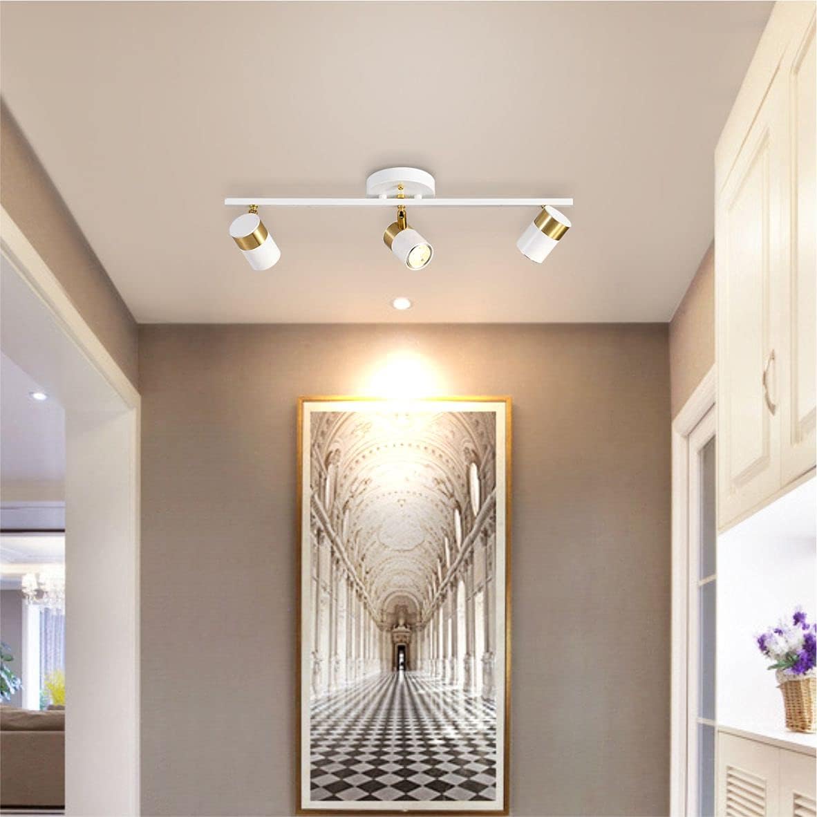 White 3 Lights Track Lighting Fixtures, LED Track Lighting with Rotatable Light Head & GU10 Bulbs, Ceiling Spotlight Fixtures for Farmhouse Garage Basement Shower