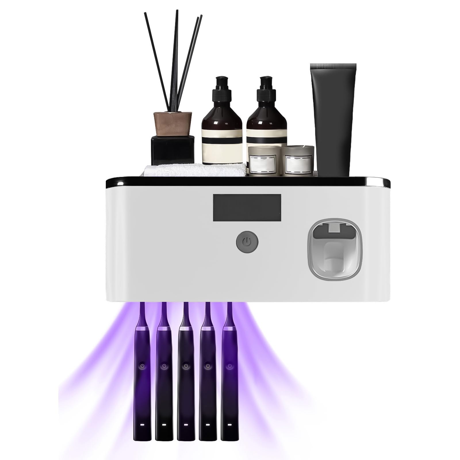 Spazzolino Igienizzante UV per 5 Slot, Porta Spazzolino Elettrico da Parete con Dispenser Dentifricio, Ricaricabile USB Sterilizzatore Portaspazzolino UV con Timer Porta Spazzolini Muro (Nero Grigio)