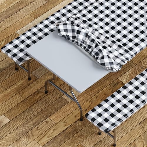 Sorfey Table Cover with Bench Covers -Fitted with Elastic, Vinyl with Flannel Back, Fits for Table 30"x 72" Rectangle,Water Proof, Checked Black Design