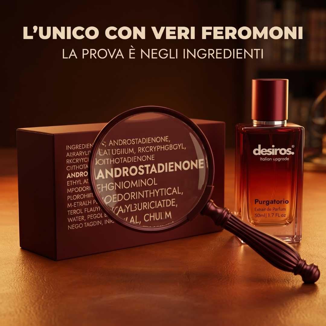 Desiros Purgatorio - Italienischer Herrenduft, verführerisch, holzig, intensiv, 50 ml | Markenduft, Pheromonparfum, Eau de Parfum für den Abend, 25% ätherische Öle, Tabaknoten, Oud, Weihrauch, Geschenk für Herren