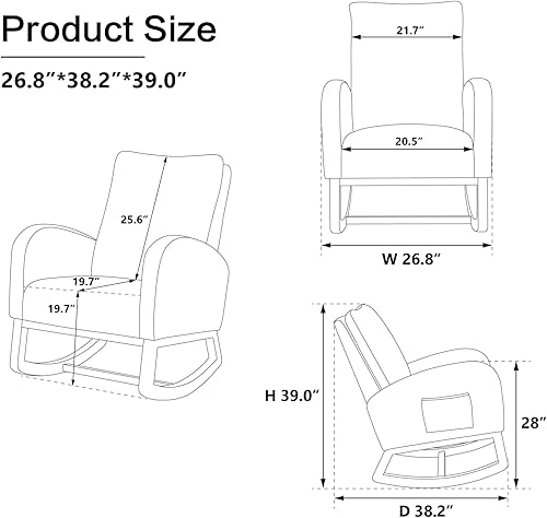 Miniatura 3 de Setawix Mecedora de peluche para guardería, sillón moderno de mediados de siglo con bolsillo lateral, mecedora tapizada de madera con respaldo alto