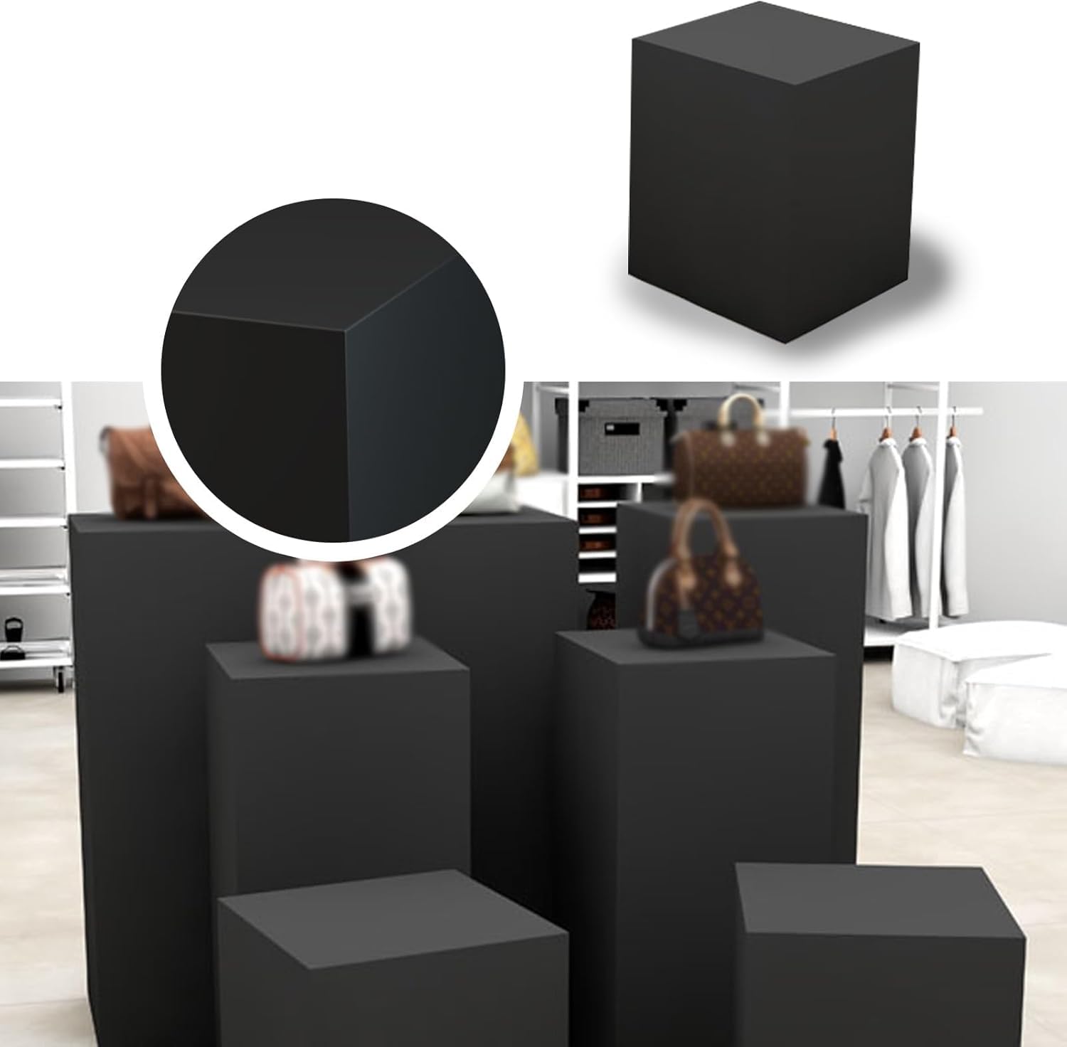 LYDBMYT Black Wooden Floor Display Pedestal Stand - 15.7"x15.7"x7.9" for Clothing Stores, Exhibitions, Weddings, Home Decor - Versatile Square Island Display Cabinet