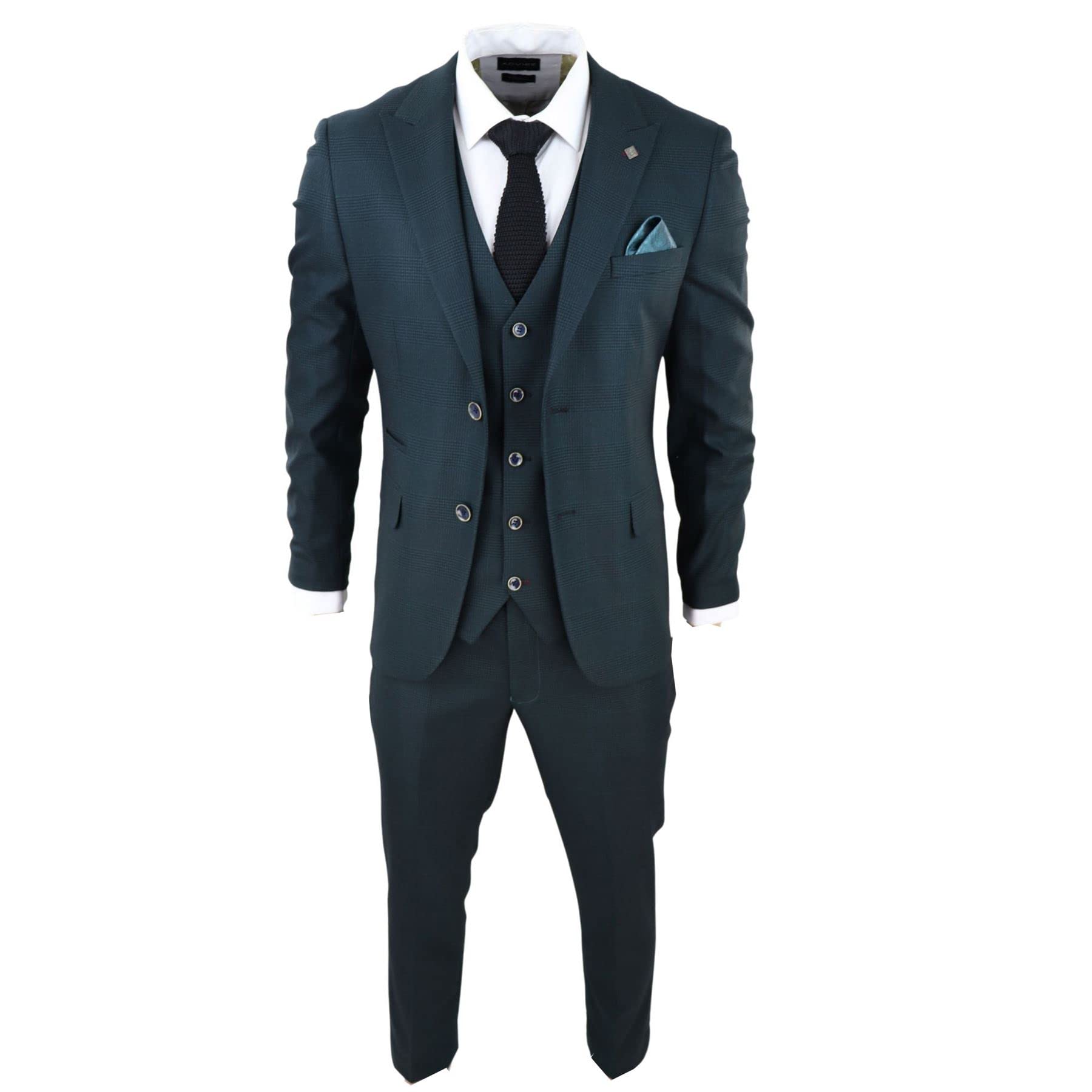 Truclothing Olive Mens Green 3 Piece Suit Prince Of Wales Black Check Classic Tailored Fit - Size 38