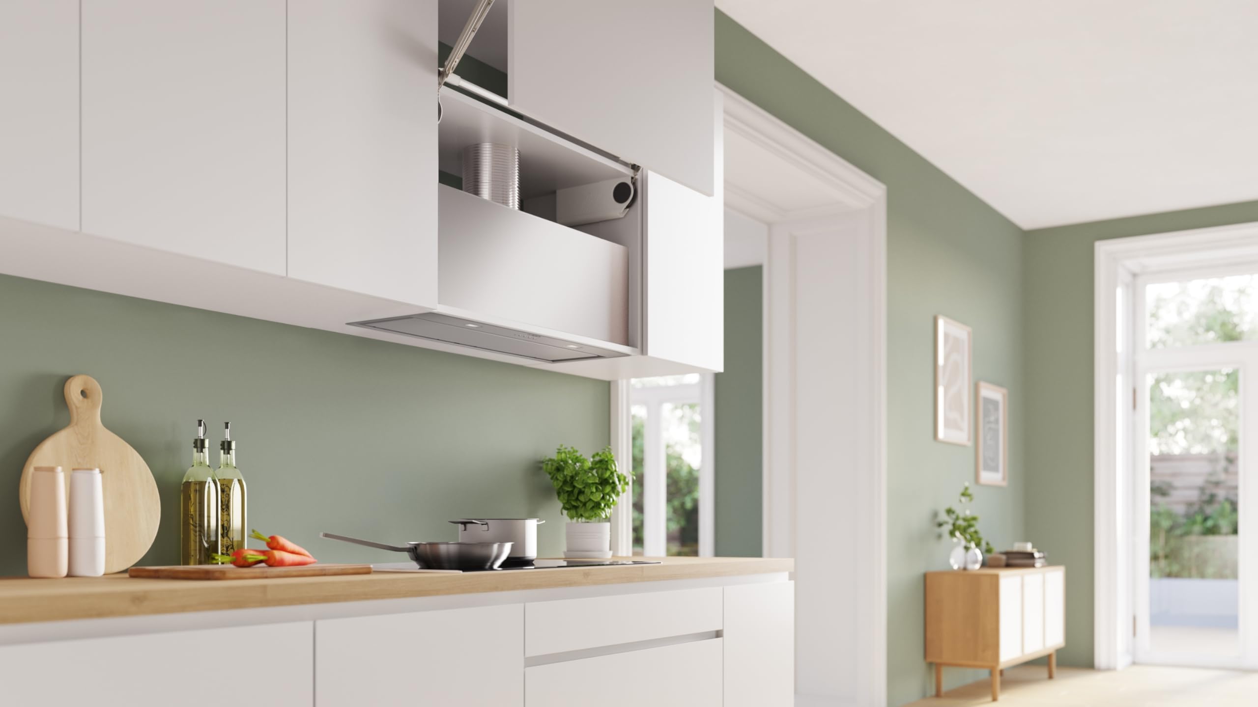 Bosch DLN87AC50 Série 6, bloc de ventilation 86 cm, évacuation et recirculation, éclairage LED, filtre anti-odeurs Clean Air Plus, affleurant, niveau intensif avec réinitialisation, commande