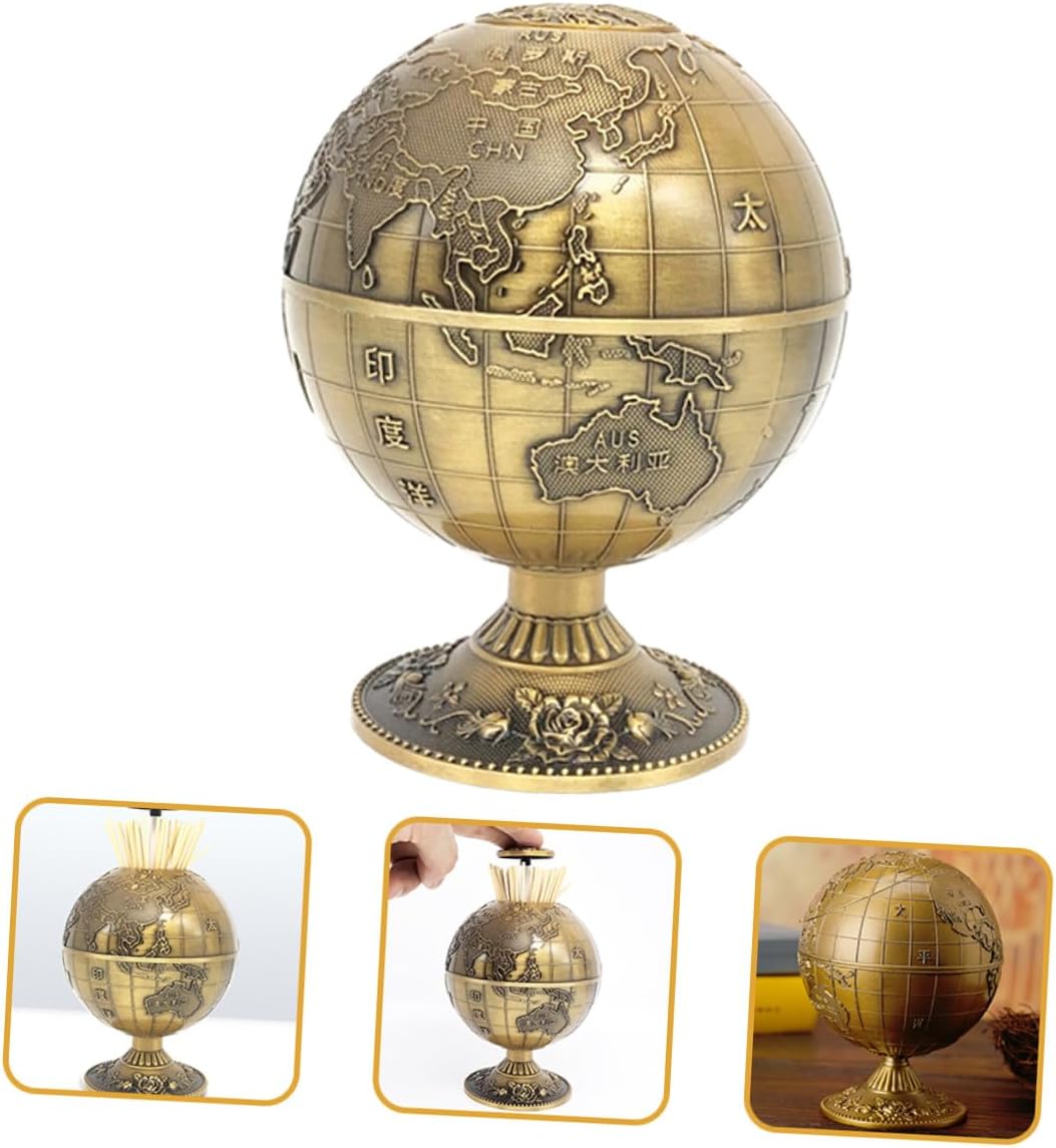 Retro Press-type Toothpick Holder Case Small Household Toothpick Container with 360° Rotating Bronze Globe Design for Home and Restaurant Use