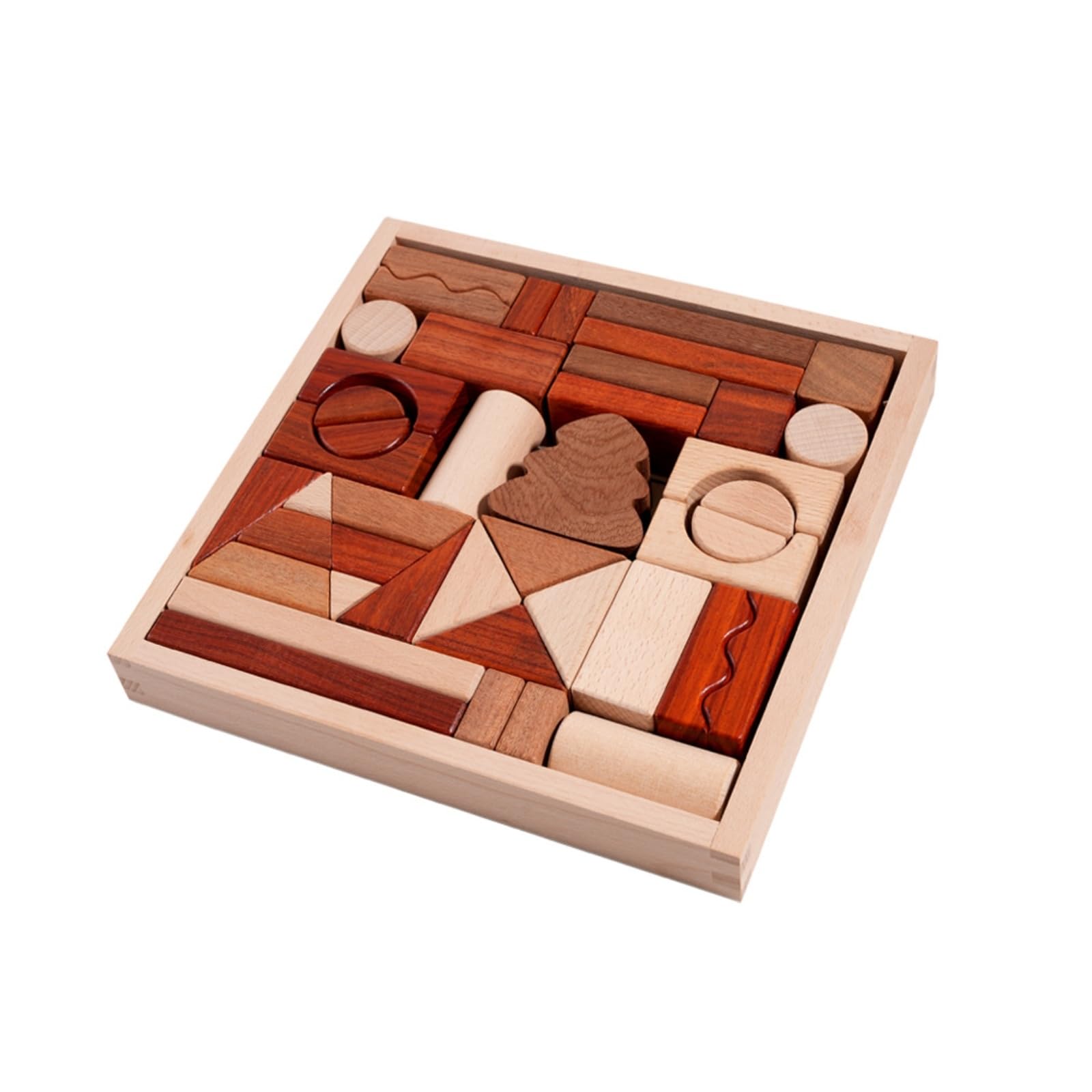 Qianly 43 Pezzi Blocchi di Legno con Vassoio Naturale Blocchi di Costruzione in Legno Montessoriano Costruzioni per Scuola Scuola Dell'infanzia, Blocchi Di Legno Naturale