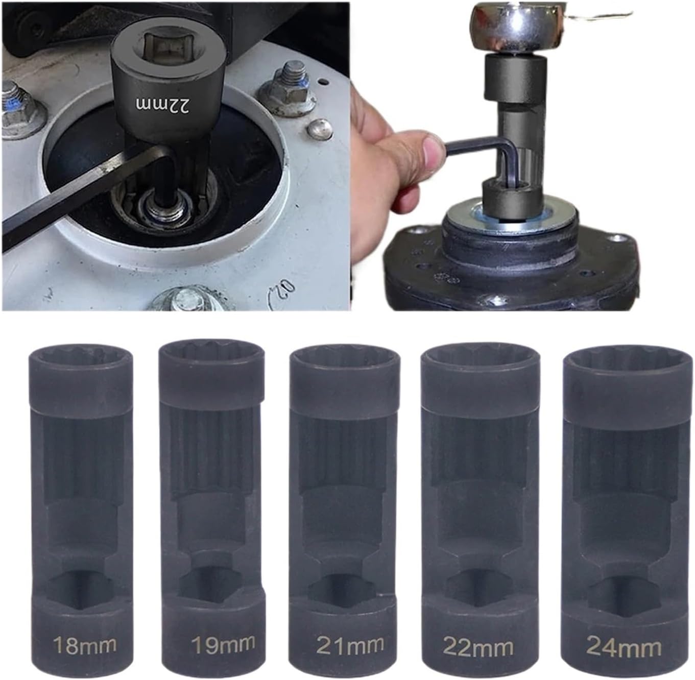 BUILDRA Nut Removal Socket 5PCS 1/2" Drive Suspension Shock Tool Strut Nut Socket Set Car Repair 18MM 19MM 21MM 22MM 24MM