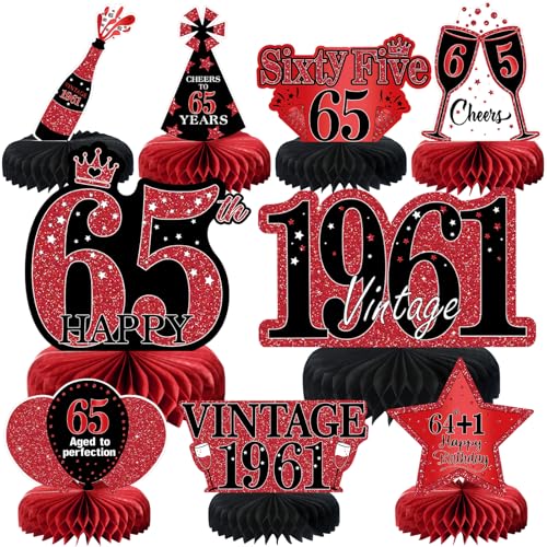 Image of 9Pcs 65th Birthday Decorations Red and Black 65th Birthday Party Decorations for Women,Happy 65 Years Vintage 1961 Aged Honeycomb Centerpieces Table Sign Decor Supplies