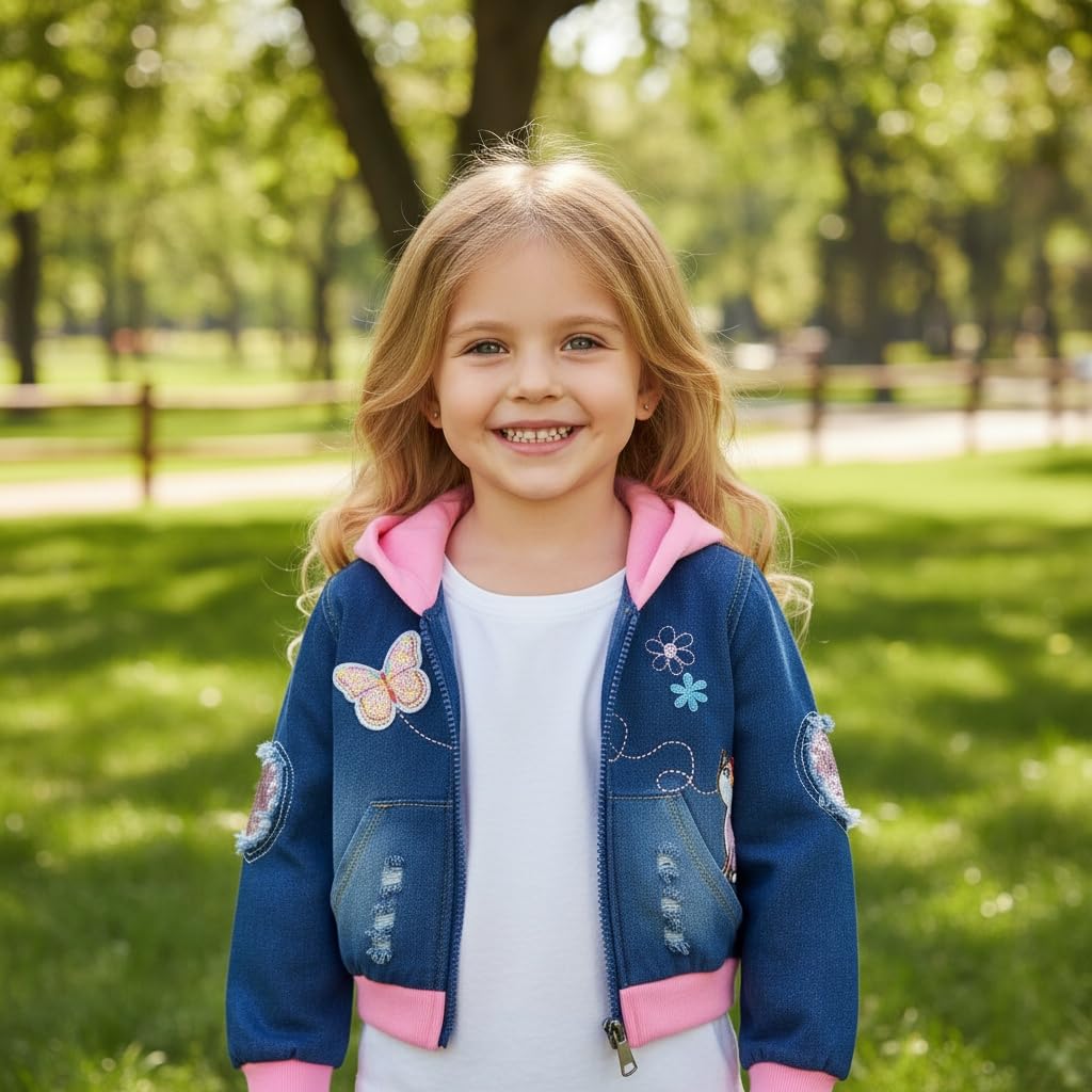 Peacolate Filles Veste en jean Broderie Paillettes Papillons Manteaux avec fermeture éclair et capuche Printemps Automne Denim Vêtements d'extérieur pour 3-10ans