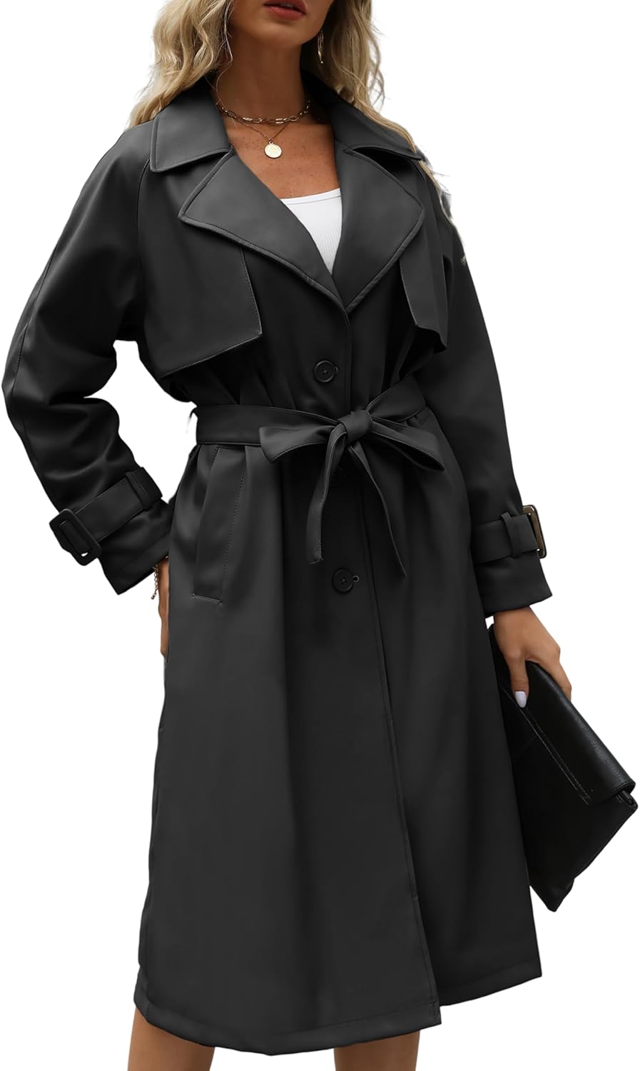 Bellivera Women Trench Coat Long Loose Jacket Faux PU Leather Oversize Classic Lapel Overcoat with Belt - Image 7