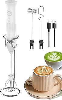 CPENSUS Coffee frother Electric with 3 Whisker & Stand 3-Speed Adjustable 1100mAh Battery Milk Blender Beater Handheld Foam Maker Mixer Gift 11000 RPM Lattes Cappuccino (4 in 1 White)