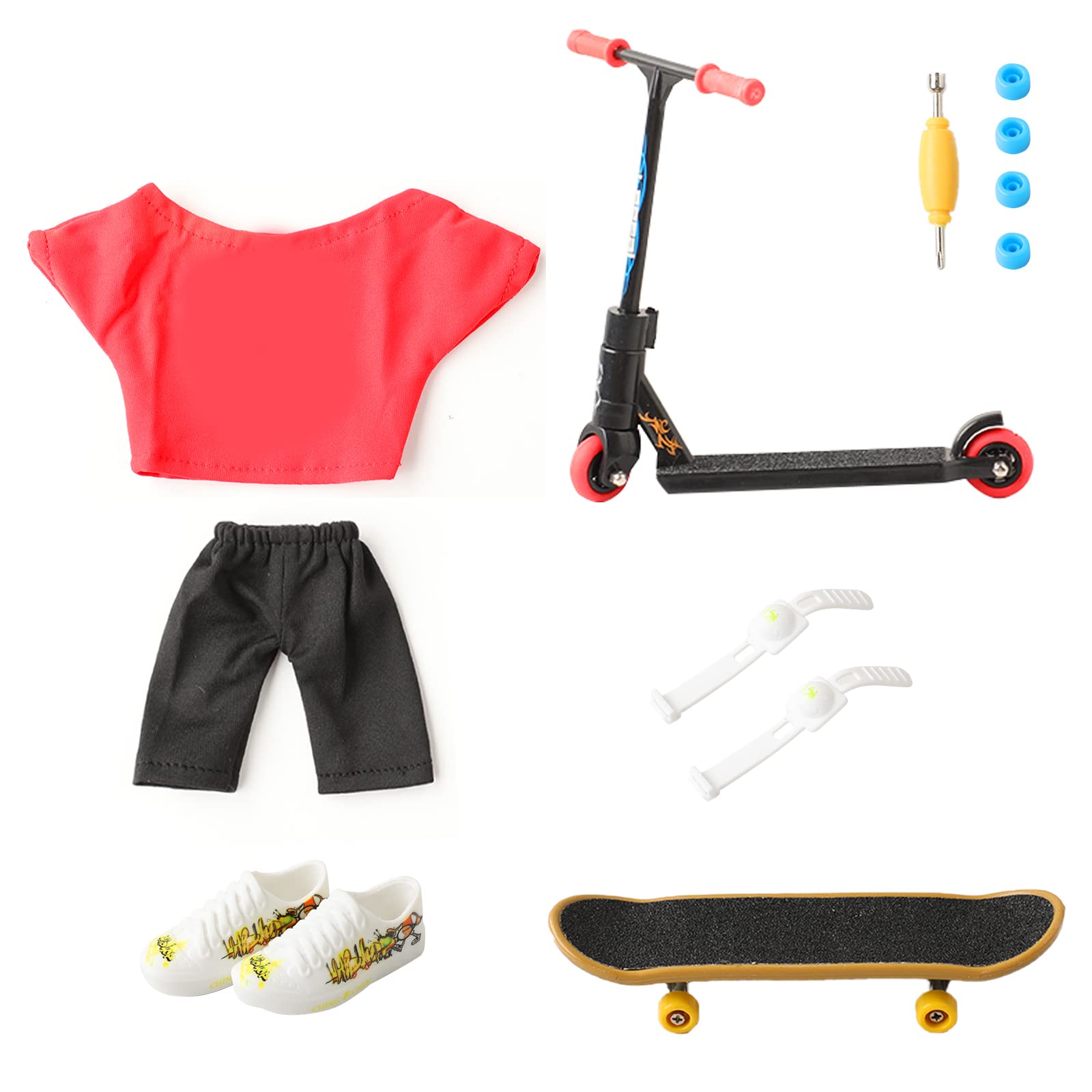 LALASTYLE Mini Finger Toy Set Finger Skateboard Finger Scooter 1 Pair Shoes,1 Pair Knee Pads,Finger Pants Training Tricks Props Fingertips Movement Toys Party Favors (Classic Edition)