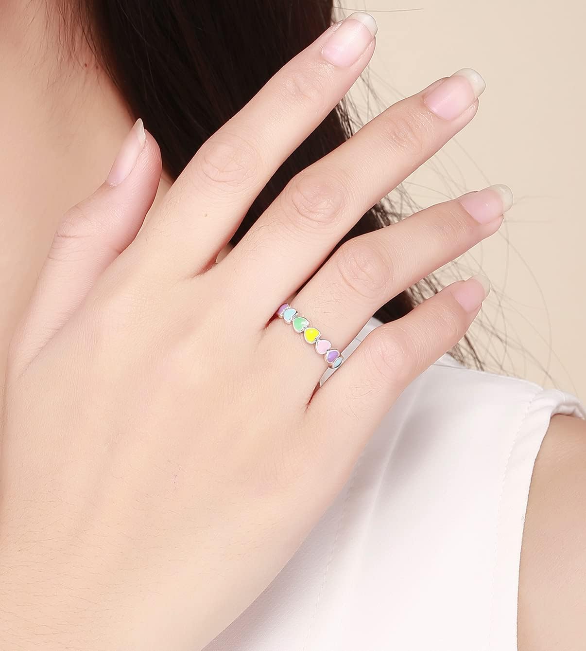 925 Sterling Silver Rainbow Heart Rings for Women Teen Girls Hypoallergenic Dainty Colorful Heart Finger Rings Promise Ring for Her Birthday Valentine's Day Christmas Gifts - Image 8