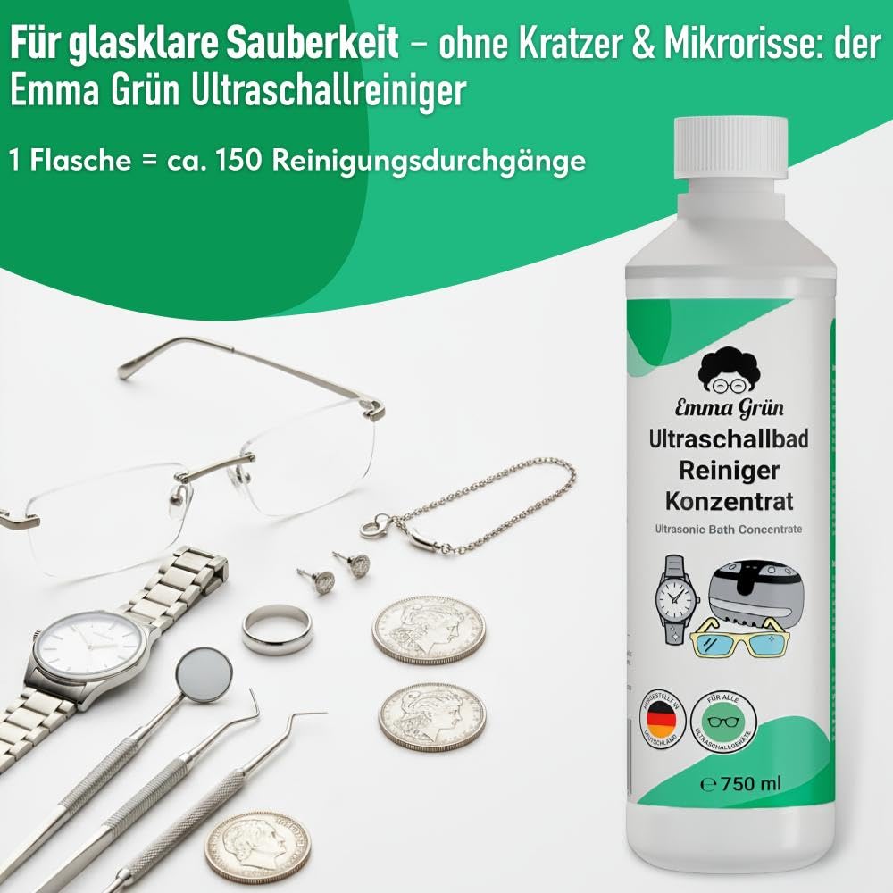 Emma Grün® Ultraschallreiniger Flüssigkeit 5 x 750 ml – Konzentrat für Brillen, Schmuck & Dentalgeräte – für Ultraschallgeräte (5)