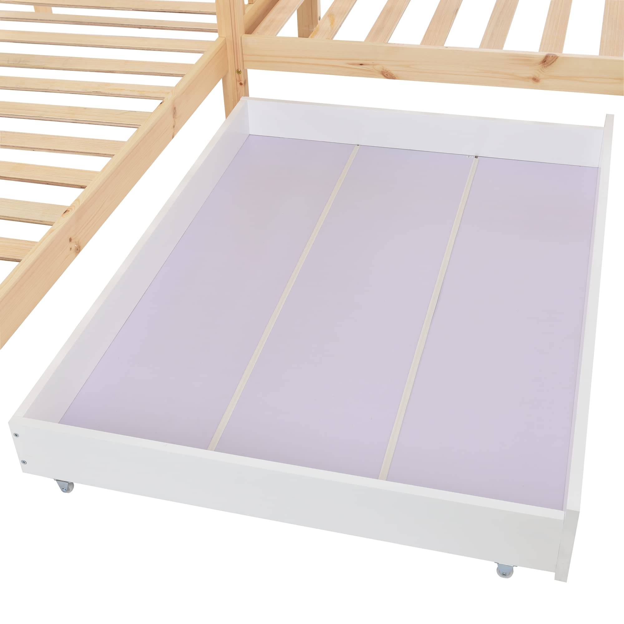 Cama Infantil 90x200cm+140x70cm Con Cajones y Estantes, Casa de Madera Maciza Con Valla y Somier, Estructura en L (Natural)