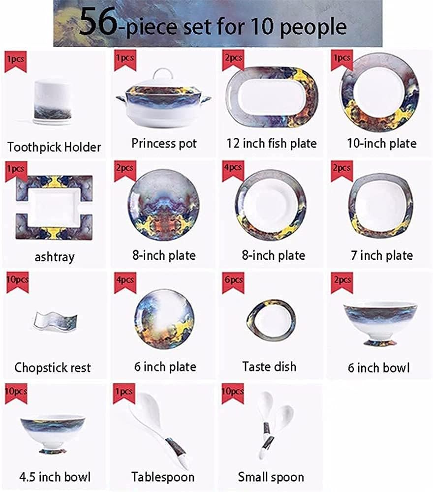 Speiseteller-Set, 56-teiliges Tafelgeschirr-Set, amerikanisches leichtes Luxus-Teller- und Schüssel-Set, Keramik-Bone-China, hochwertige Geschirr-Sets für 10 Personen