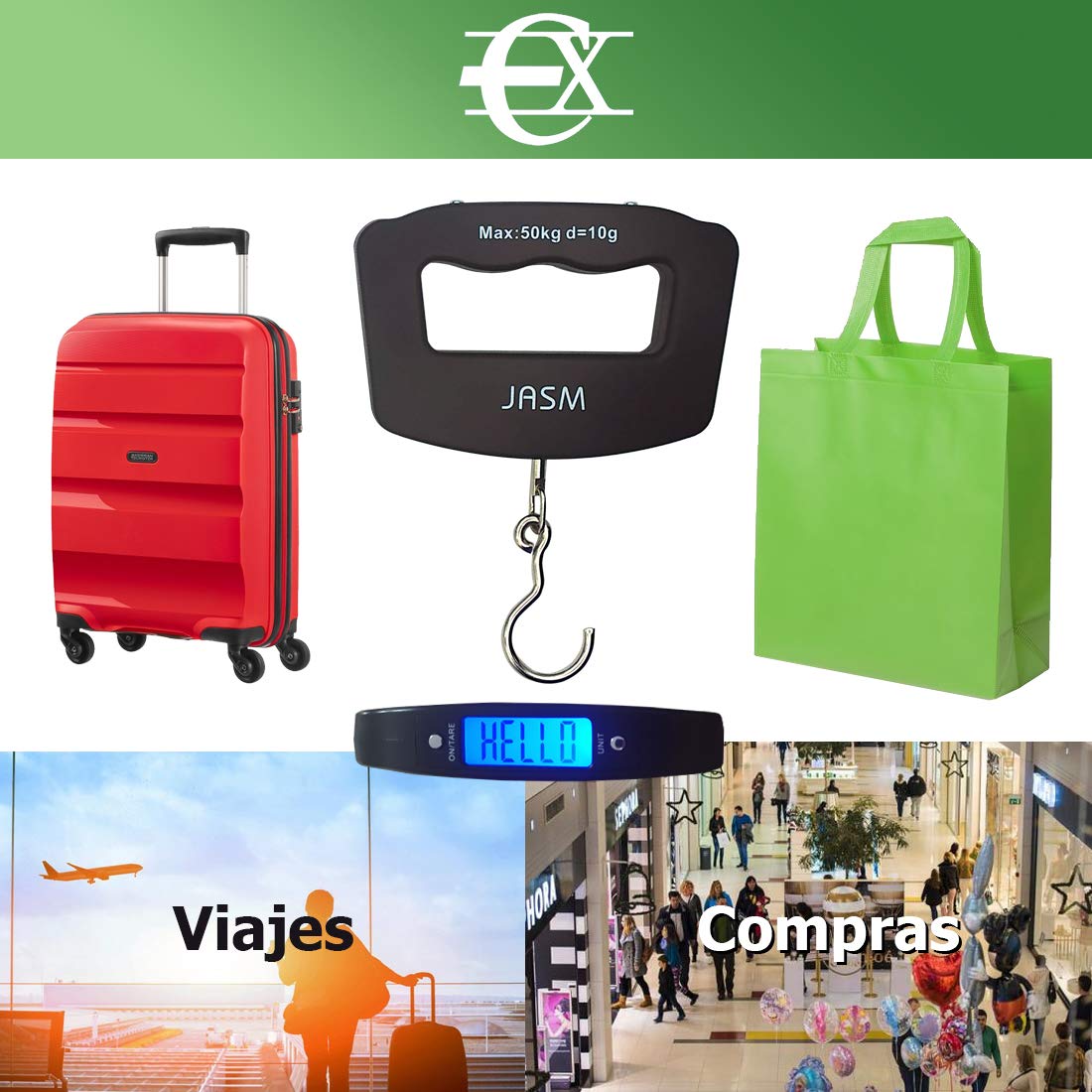 Balance Numérique EUROXANTY - Portable Avec Crochet - Pèse Jusqu'à 50 Kg - Lumière Bleue - Idéale Voyage, Pêche, Courses - 12