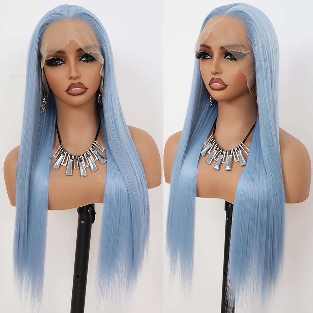 Maycaur Ice Blue Lace Front Wigs Long Straight Hair 24 Inch Glueless Wigs for Fashion Women Synthetic Lace Front Wigs with Natural Hairline
