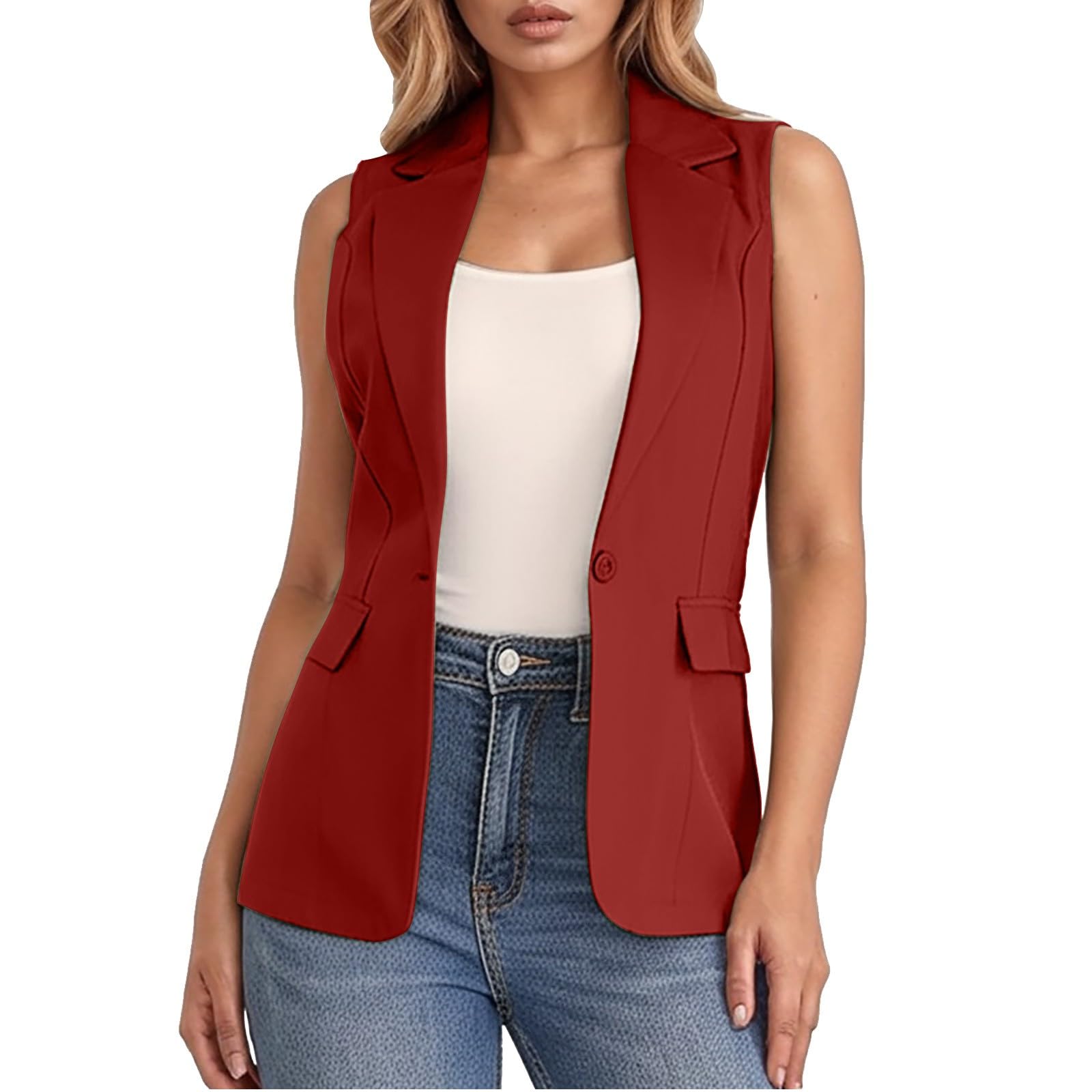Generisch Ärmelloser Damenmantel Einfarbig Cardigan Jacke mit Taschen Lässige Business für Büro Alltag Elegante Übergangskleidung Leichte Weste